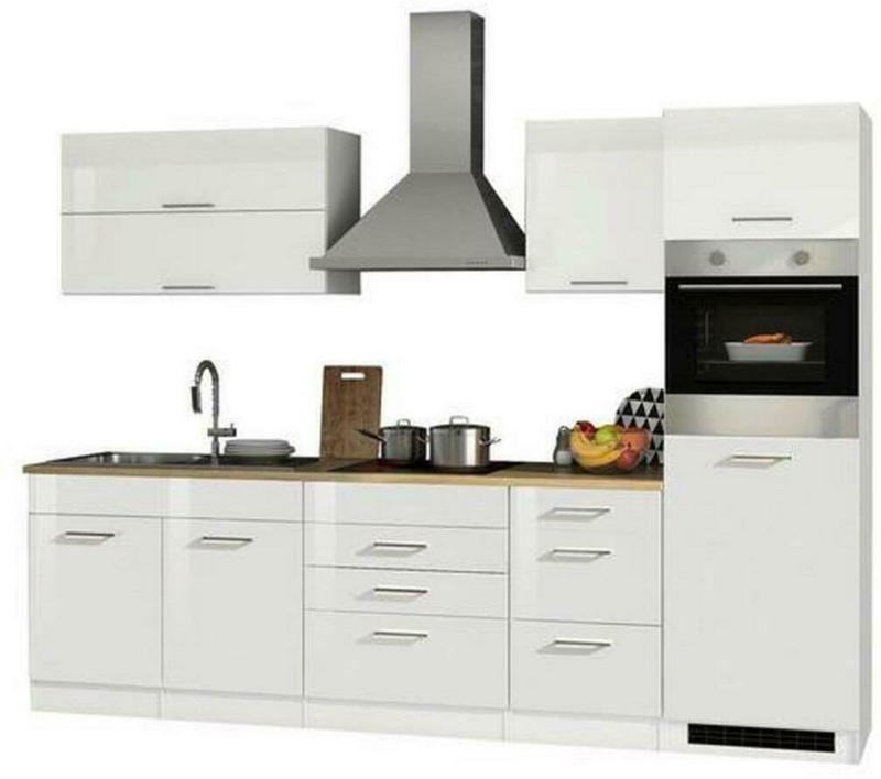 Küchenzeile Mailand mit Geräten 290 cm Weiß Dekor Hochglanz