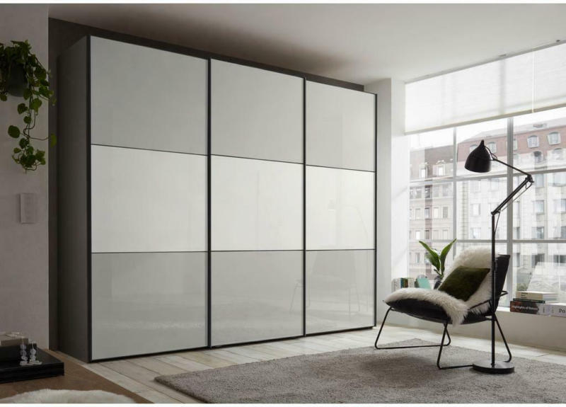 Schwebetürenschrank Glasfront 336 cm Includo, Hellgrau/Weiß