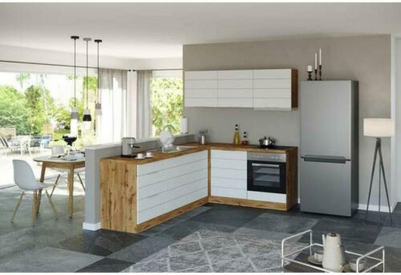Einbauküche Eckküche Möbelix Florenz ohne Geräte 240/180 cm Weiß/Eiche Dekor