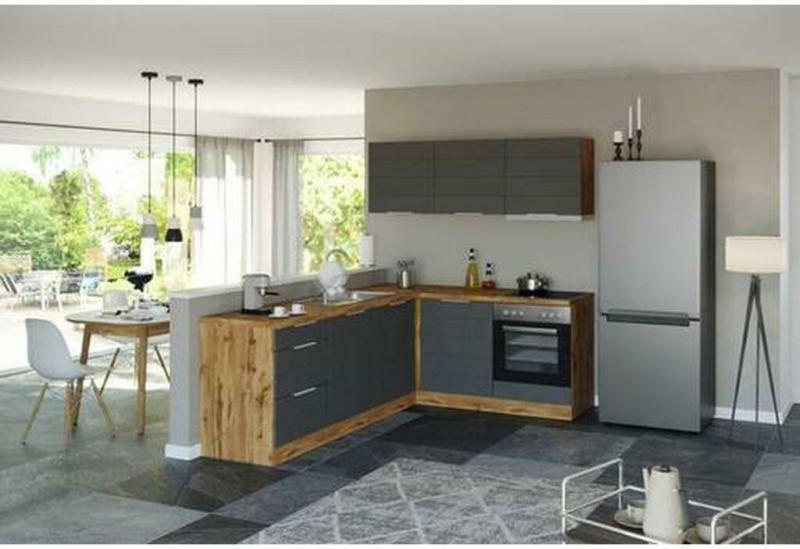 Einbauküche Eckküche Möbelix Florenz ohne Geräte 240/180 cm Grau/Eiche Dekor