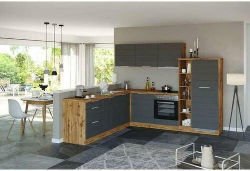 Einbauküche Eckküche Möbelix Florenz mit Geräte 240/270 cm Grau/Eiche Dekor