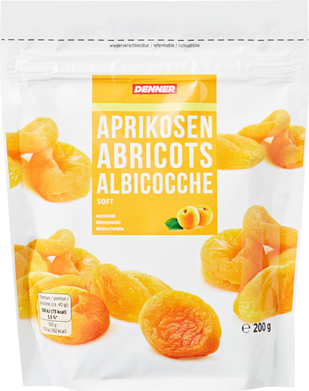 Abricots Denner, tendres, dénoyautés, 200 g