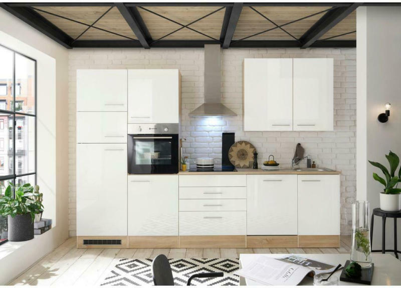 Küchenzeile Laurel mit Geräten 310 cm Weiß/Eiche Dekor