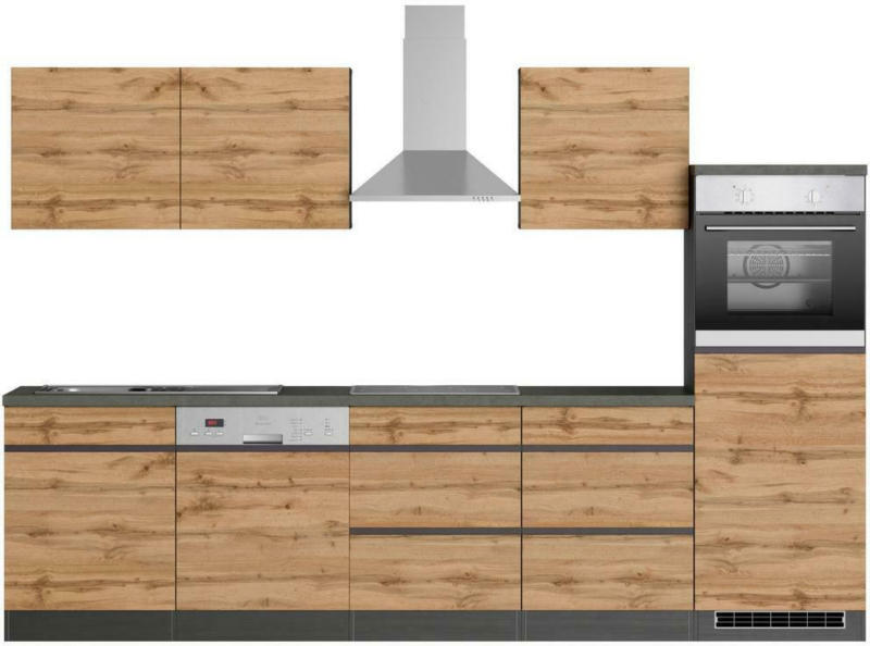 Küchenzeile Turin mit Geräten B: 300 cm Graphitfarben/Eiche