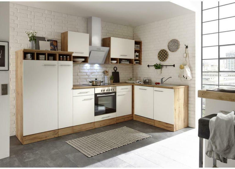 Einbauküche Eckküche Möbelix Economy mit Geräten B: 310 cm Weiß/Eiche Dekor