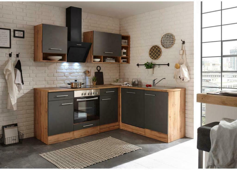 Einbauküche Eckküche Möbelix mit Geräten 220x172cm Eichefarben/Grau