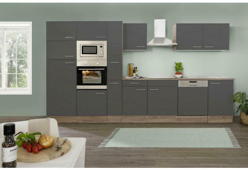 Küchenzeile mit Geräten B: 370 cm Grau/Eiche Dekor