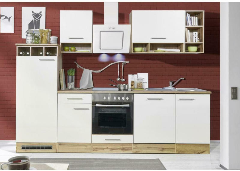 Küchenzeile Economy mit Geräte B: 280 cm Weiß/Eiche Dekor