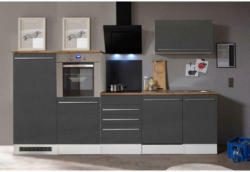 Küchenzeile Premium mit Geräte B: 290cm Grau/Weiß/Eiche Dekor
