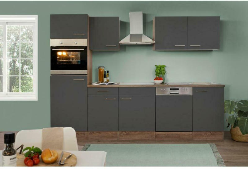 Küchenzeile mit Geräten B: 280 cm Grau/Eiche Dekor