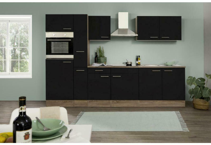 Küchenzeile mit Geräten B: 300 cm Schwarz/Eiche Dekor