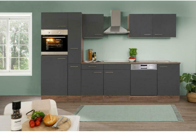 Küchenzeile mit Geräten B: 310 cm Grau/Eiche Dekor