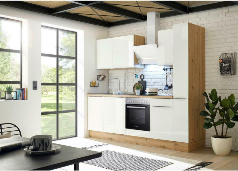 Küchenzeile mit Geräten B: 250 cm Weiß/Eiche Dekor