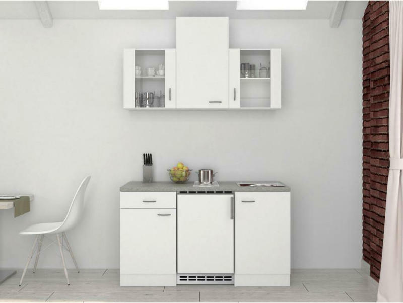 Miniküche mit Kühlschrank + Kochfeld 150cm Weiß/Grau Dekor