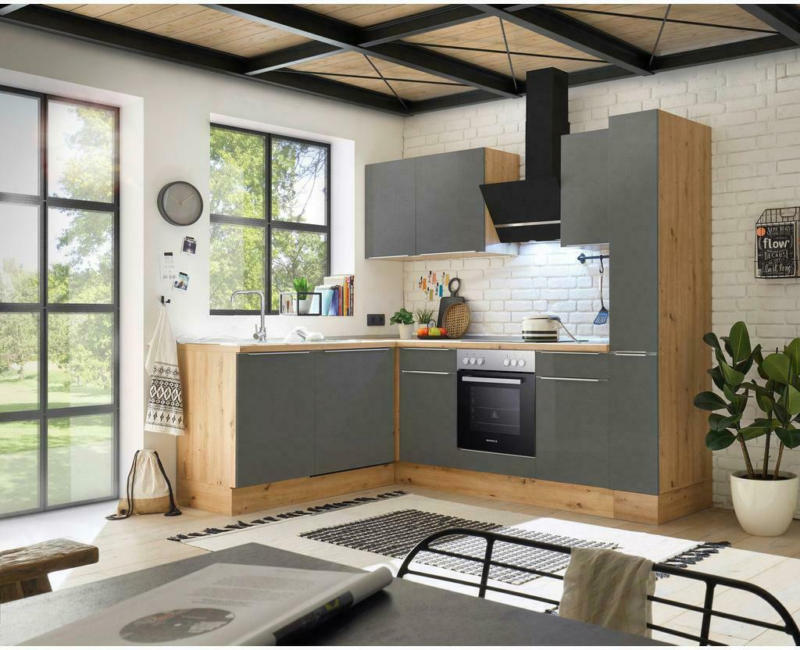 Einbauküche Eckküche Möbelix mit Geräten 250x170 cm Grau/Eiche Dekor, Modern