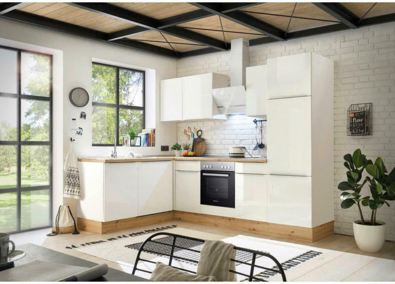 Einbauküche Eckküche Möbelix mit Geräten 280x170 cm Weiß/Eiche Dekor, Modern