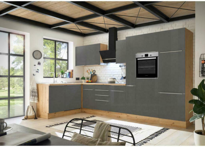 Einbauküche Eckküche Möbelix mit Geräten 370x170 cm Grau/Eiche Dekor, Modern