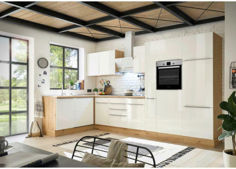 Einbauküche Eckküche Möbelix mit Geräten 370x170 cm Weiß/Eiche Dekor, Modern