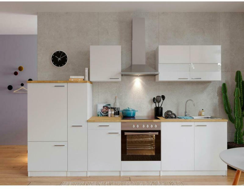 Küchenzeile ohne Geräte B: 310 cm Weiß/Nussbaum Dekor, Modern
