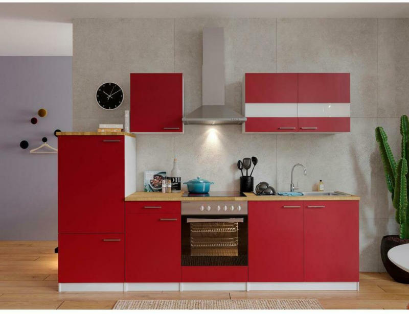 Küchenzeile ohne Geräte B: 270 cm Weiß/Rot/Nussbaum Dekor