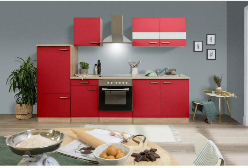 Küchenzeile ohne Geräte B: 270 cm Rot/Eiche Dekor