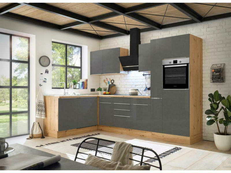 Einbauküche Eckküche Möbelix mit Geräten 310x170 cm Grau/Eiche Dekor, Modern