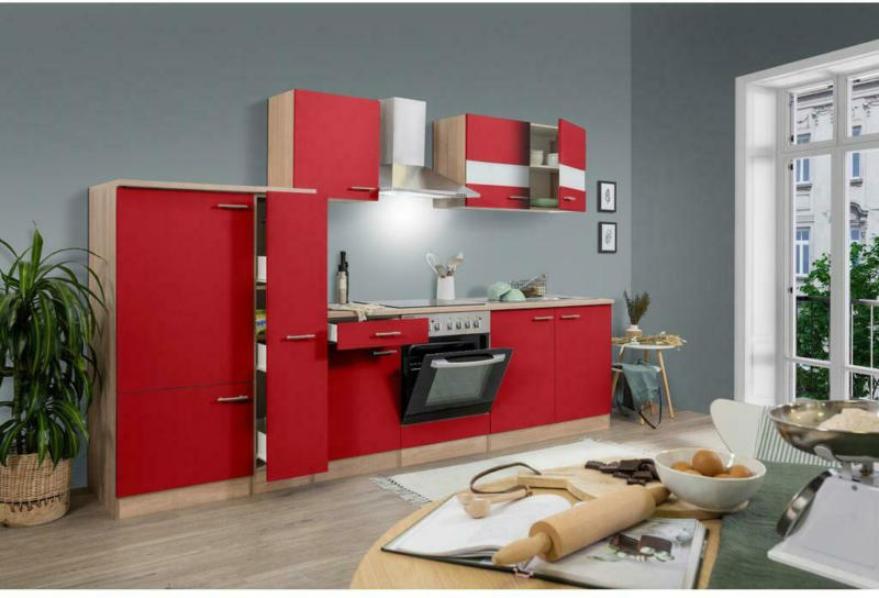 Küchenzeile ohne Geräte B: 300 cm Rot/Eiche Dekor