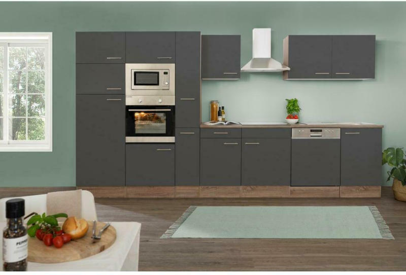 Küchenzeile ohne Geräte B: 370 cm Grau/Eiche Dekor