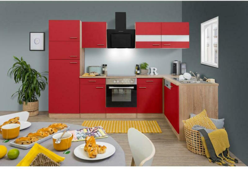 Einbauküche Eckküche Möbelix ohne Geräte 280x172 Rot/Eiche Dekor