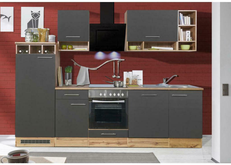 Küchenzeile ohne Geräte B: 280 cm Grau/Wildeiche Dekor