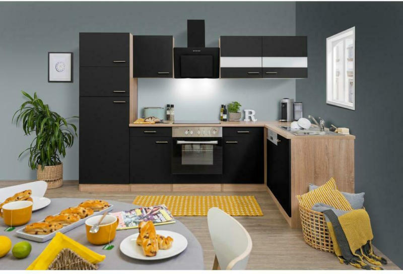 Einbauküche Eckküche Möbelix ohne Geräte 280x172 cm Schwarz/Eiche Dekor, Modern