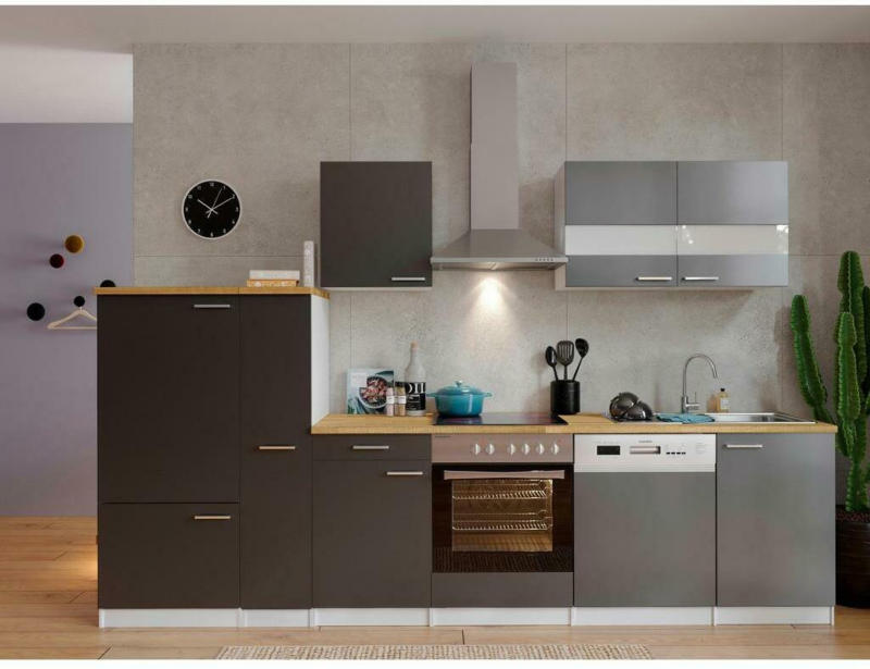 Küchenzeile ohne Geräte B: 310 cm Weiß/Grau/Nussbaum Dekor
