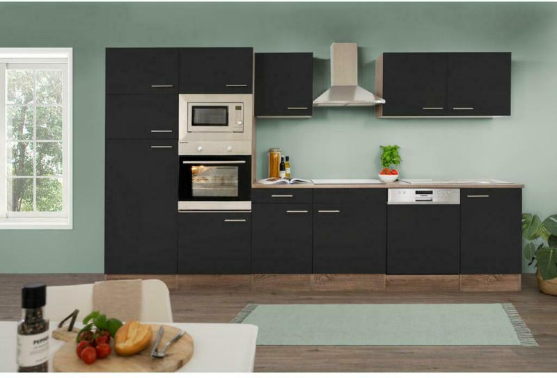 Küchenzeile ohne Geräte B: 340 cm Schwarz/Eiche Dekor