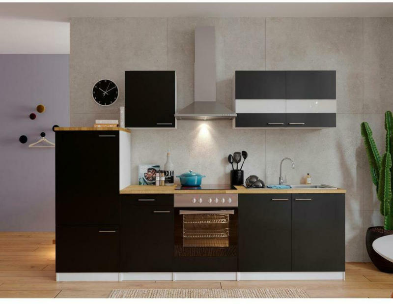 Küchenzeile ohne Geräte B: 270 cm Schwarz/Weiß/Nussbaum Dekor