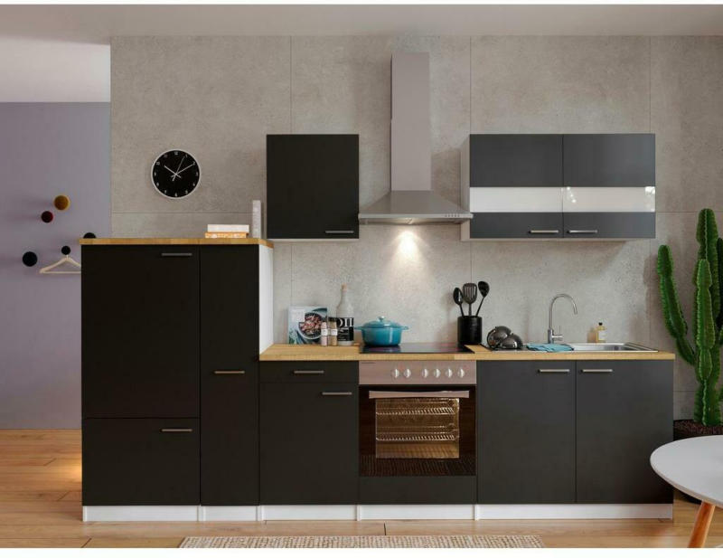 Küchenzeile ohne Geräte B: 300 cm Schwarz/Weiß/Nussbaum Dekor