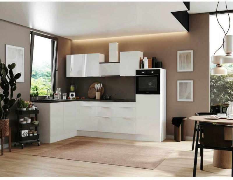 Einbauküche Eckküche Möbelix mit Geräten 175x280 cm Weiß/Weiß Hochglanz