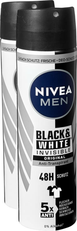 Déodorant spray Invisible Original Black & White Nivea Men, 2 x 150 ml