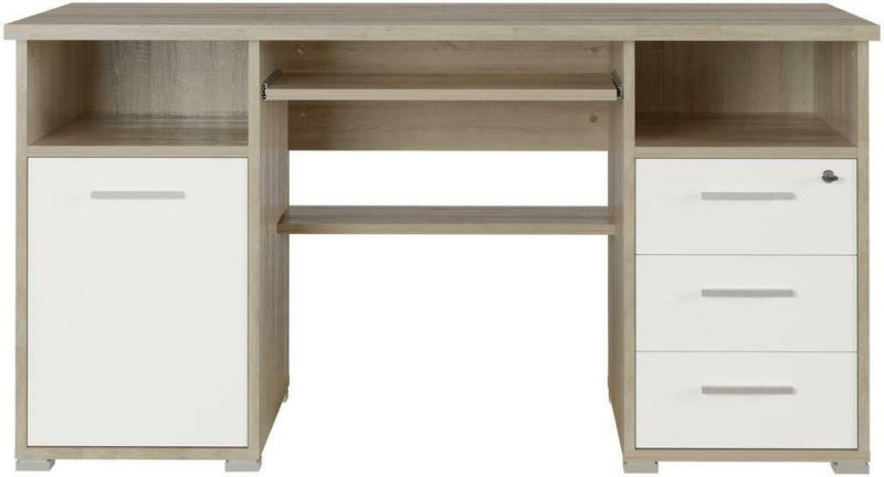 Schreibtisch mit Stauraum B: 145 H: 75 cm, Eiche Dekor/Weiß