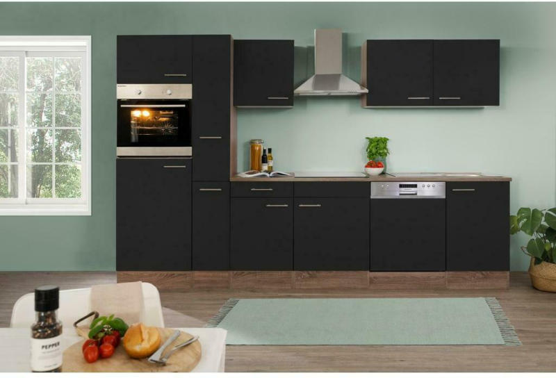 Küchenzeile ohne Geräte B: 310 cm Schwarz/Eiche Dekor