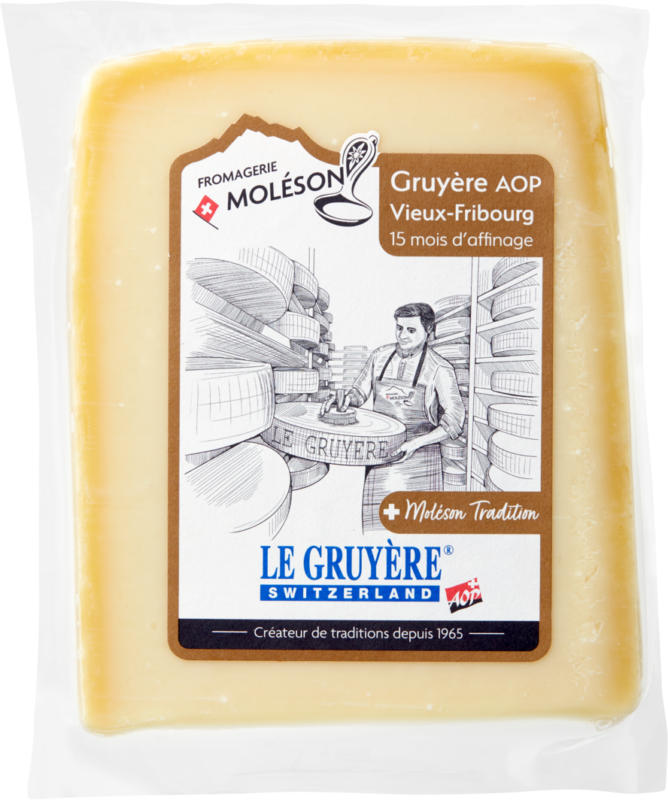 Fromage Le Gruyère AOP Tradition Fromagerie Moléson, 15 mois d’affinage, env. 225 g, les 100 g,
