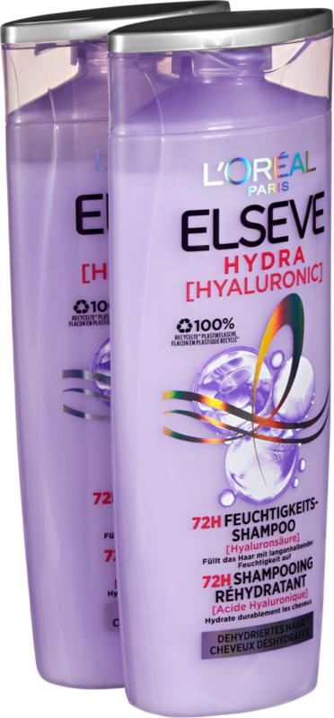 Shampoo idratante Hydra Hyaluronic 72h L’Oréal Elseve, 2 x 250 ml