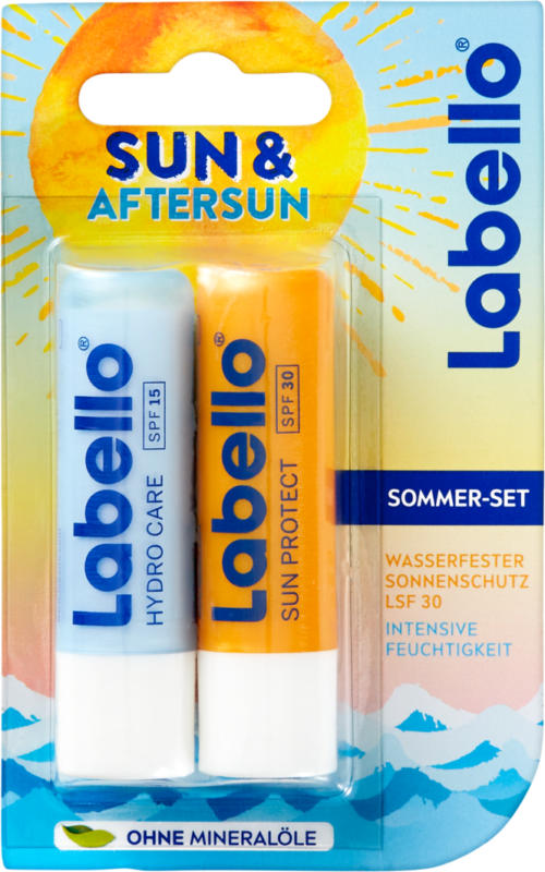Soin de lèvres Sun & Aftersun Labello, Sun Protect IP 30, Hydro Care IP 15, 1 kit