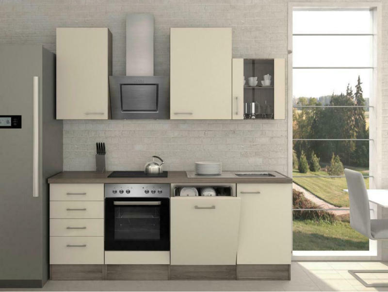 Küchenzeile Eico mit Geräten 220 cm Weiß/Eiche Dekor Modern