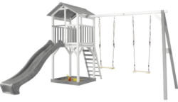 Spielturm axi Beach Tower mit Doppelschaukel und Rutsche grau Holz grau weiß