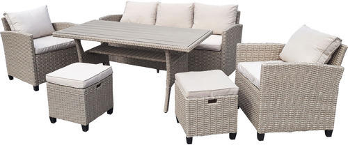 Dining-Set Gartenmöbelset Loungeset 5 -Sitzer bestehend aus: Dreisitzer-Sofa,2 Sessel,2 Hocker,Tisch,inkl, Auflagen Polyrattan Stahl Beige