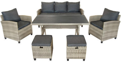 Dining-Set Gartenmöbelset Loungeset 5 -Sitzer bestehend aus: Dreisitzer-Sofa,2 Sessel,2 Hocker,Tisch,inkl, Auflagen Polyrattan Stahl Grau