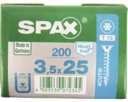 Spax Universalschraube, Edelstahl A2, Senkkopf T 15, Holz-Vollgewinde, 3,5x25 mm, 200 Stück