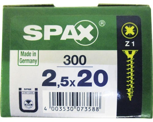 Spax Universalschraube Kreuzschlitz PZ 1, Senkkopf, Holz-Vollgewinde, 2,5x20 mm, 300 Stück