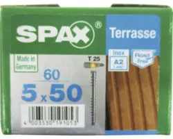 Spax Terrassenschraube, Edelstahl A2 blank, Zylinderkopf T25, Fixiergewinde, 5x50 mm, 60 Stück