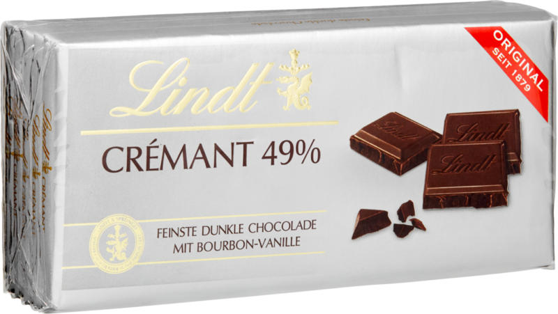 Tablette de chocolat Noir Lindt, Crémant 49%, 5 x 100 g